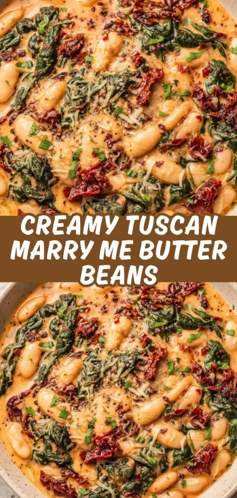 A close-up of creamy Tuscan marry me butter beans in a savory sauce with sun-dried tomatoes, spinach, and melted cheese, garnished with chopped herbs.