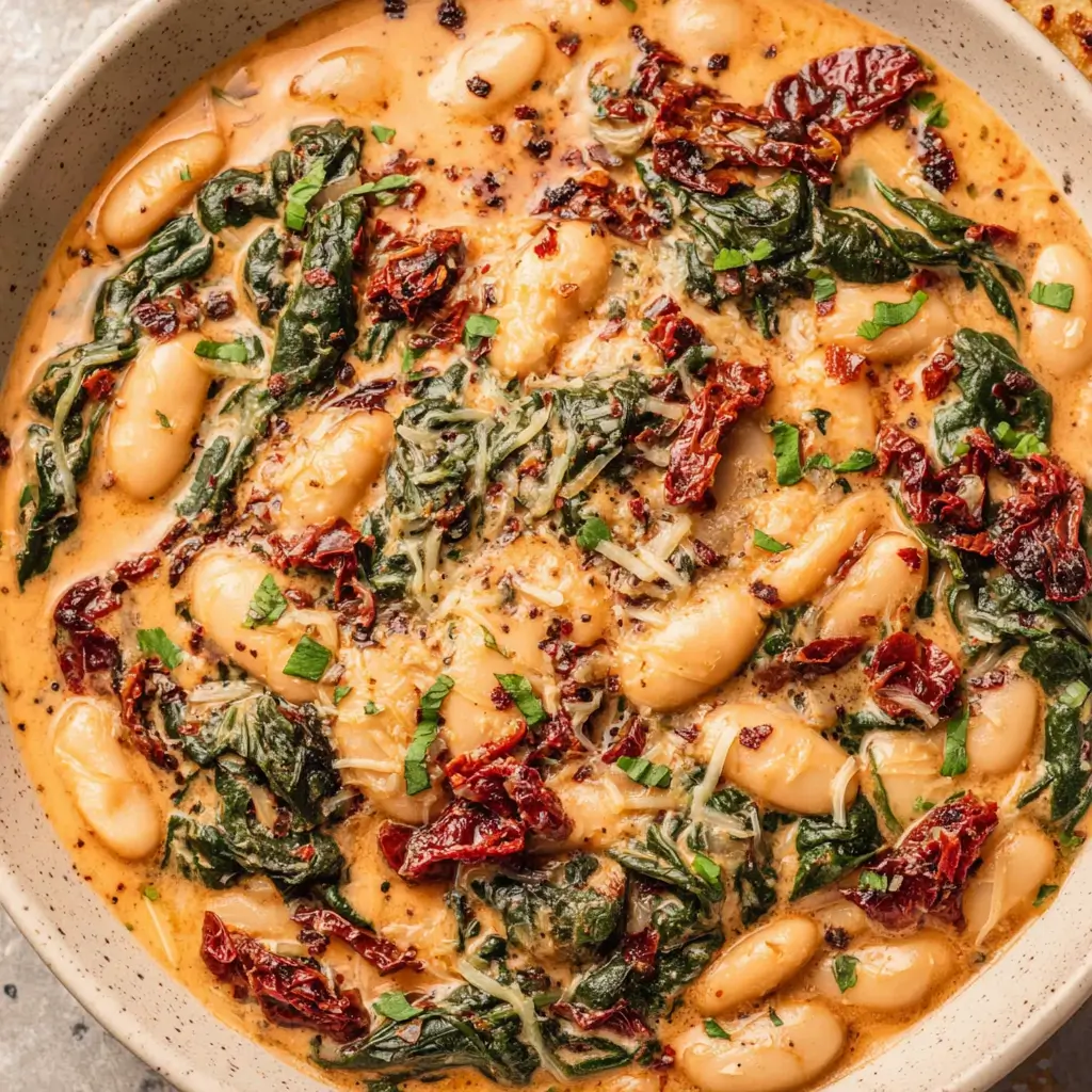 A creamy white bean and spinach stew garnished with sun-dried tomatoes and chopped herbs, served in a bowl.