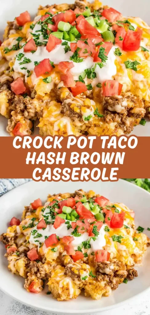 A close-up of a Crock Pot Taco Hash Brown Casserole served on a white plate, topped with sour cream, diced tomatoes, chopped green onions, and fresh cilantro, showcasing a flavorful and hearty dish.
