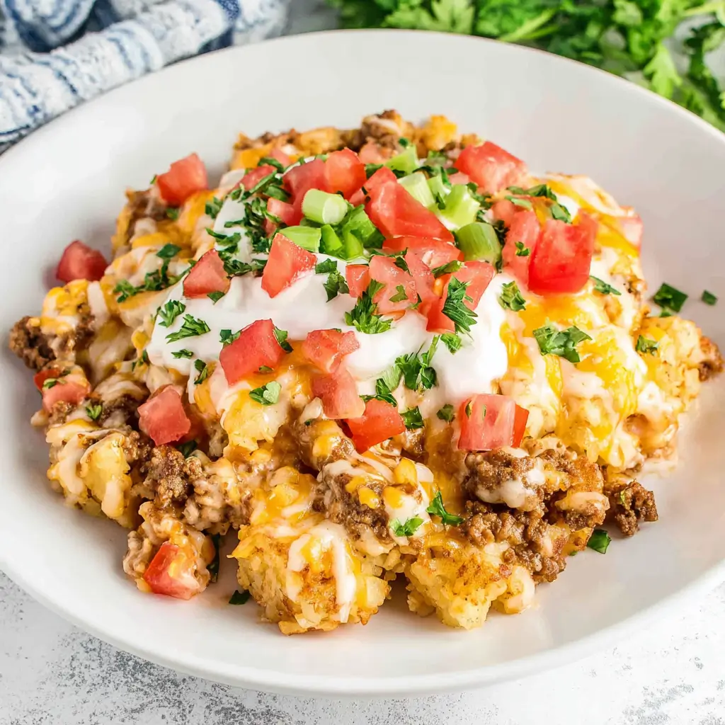 A bowl of loaded breakfast casserole topped with sour cream, chopped tomatoes, green onions, and chopped cilantro, showcasing a hearty and colorful dish.