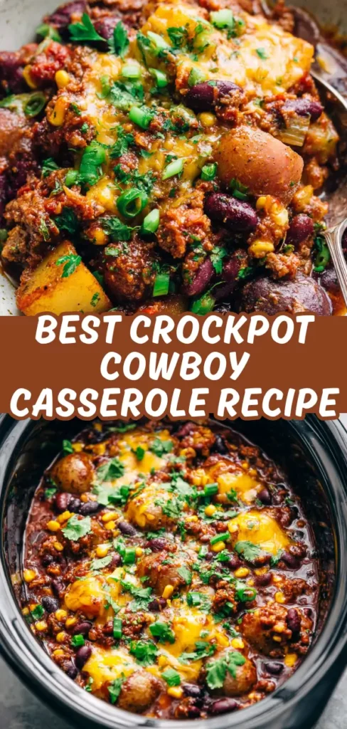Crockpot cowboy casserole with ground beef, kidney beans, baby potatoes, corn, melted cheddar, and fresh green onions in a slow cooker.