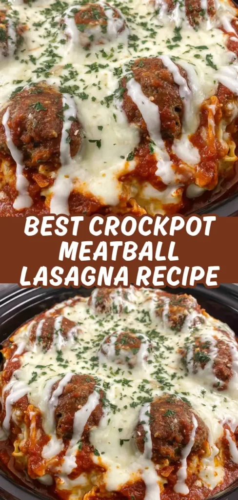 Crockpot meatball lasagna with layers of pasta meatballs in rich red sauce all topped with melted mozzarella cheese and sprinkled with fresh chopped parsley.