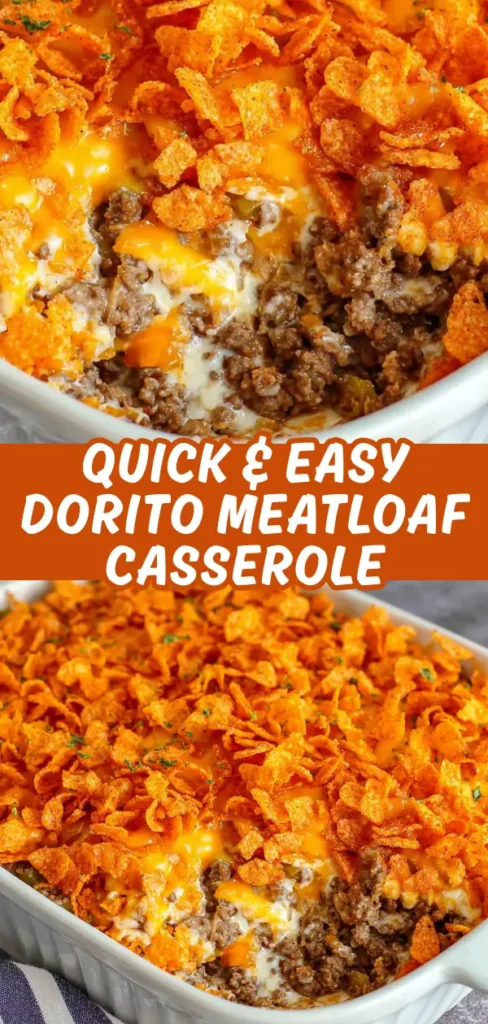 Dorito meatloaf casserole in a white baking dish with ground beef, melted cheese, and a thick layer of crushed orange Doritos on top.