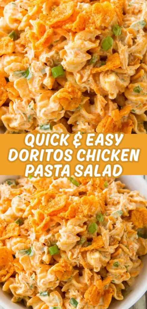 Doritos chicken pasta salad with rotini pasta, shredded chicken, creamy orange sauce, chopped green onions, and crunchy crushed Doritos.
