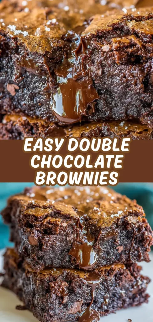 Double chocolate brownies stacked high showing their ultra fudgy interior with melted chocolate oozing out and a sprinkle of sea salt on the crackly top.
