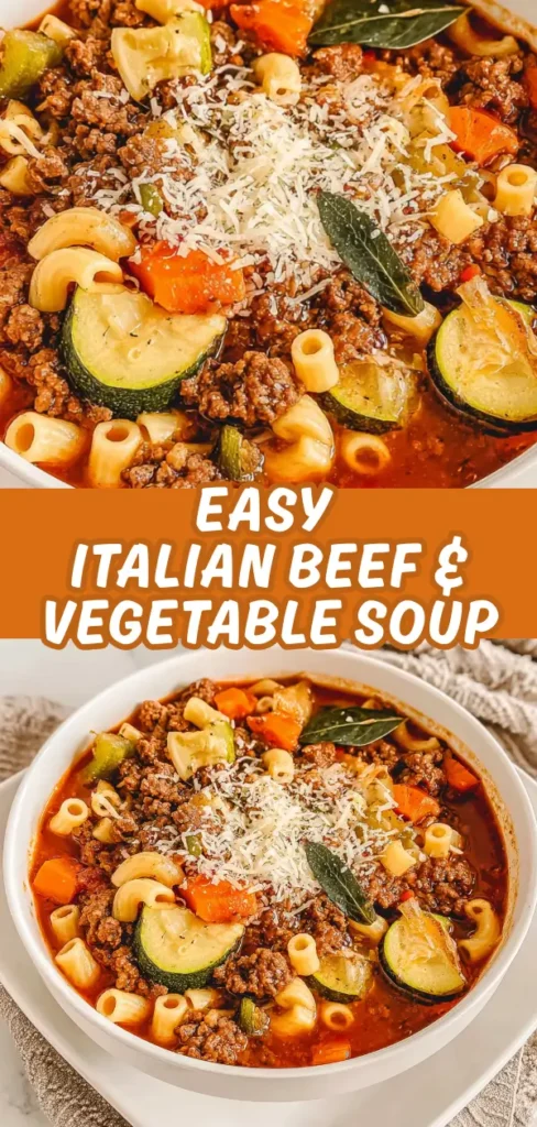 A bowl of easy Italian beef and vegetable soup filled with ground beef, zucchini, carrots, pasta, and topped with shredded cheese and bay leaves, all in a rich tomato broth.