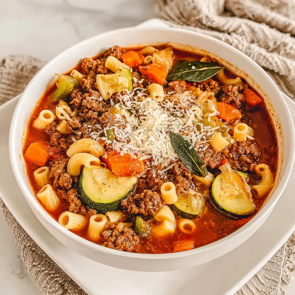 A bowl of hearty beef and vegetable pasta soup garnished with shredded cheese and bay leaves, featuring ground beef, zucchini, carrots, and pasta in a rich tomato broth.