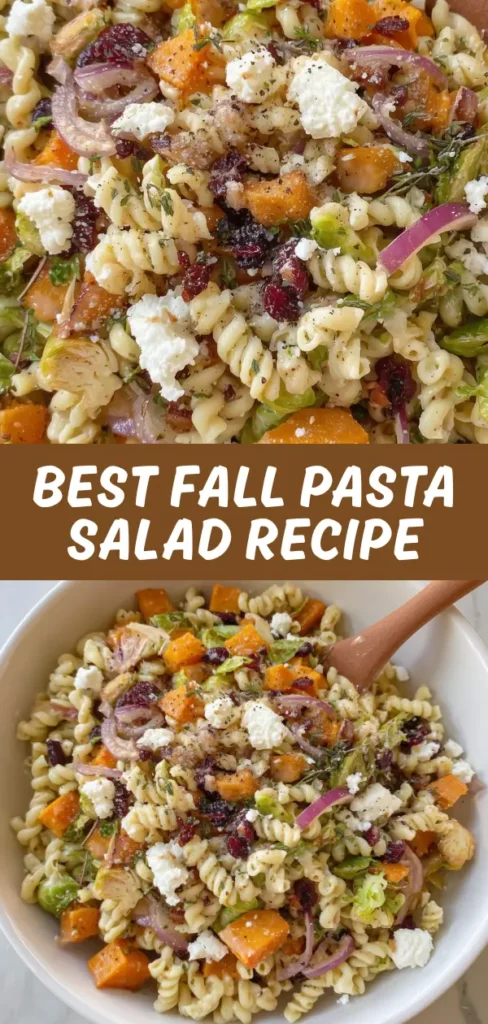 Fall pasta salad with rotini pasta, roasted butternut squash, Brussels sprouts, dried cranberries, red onion, and crumbled feta cheese.