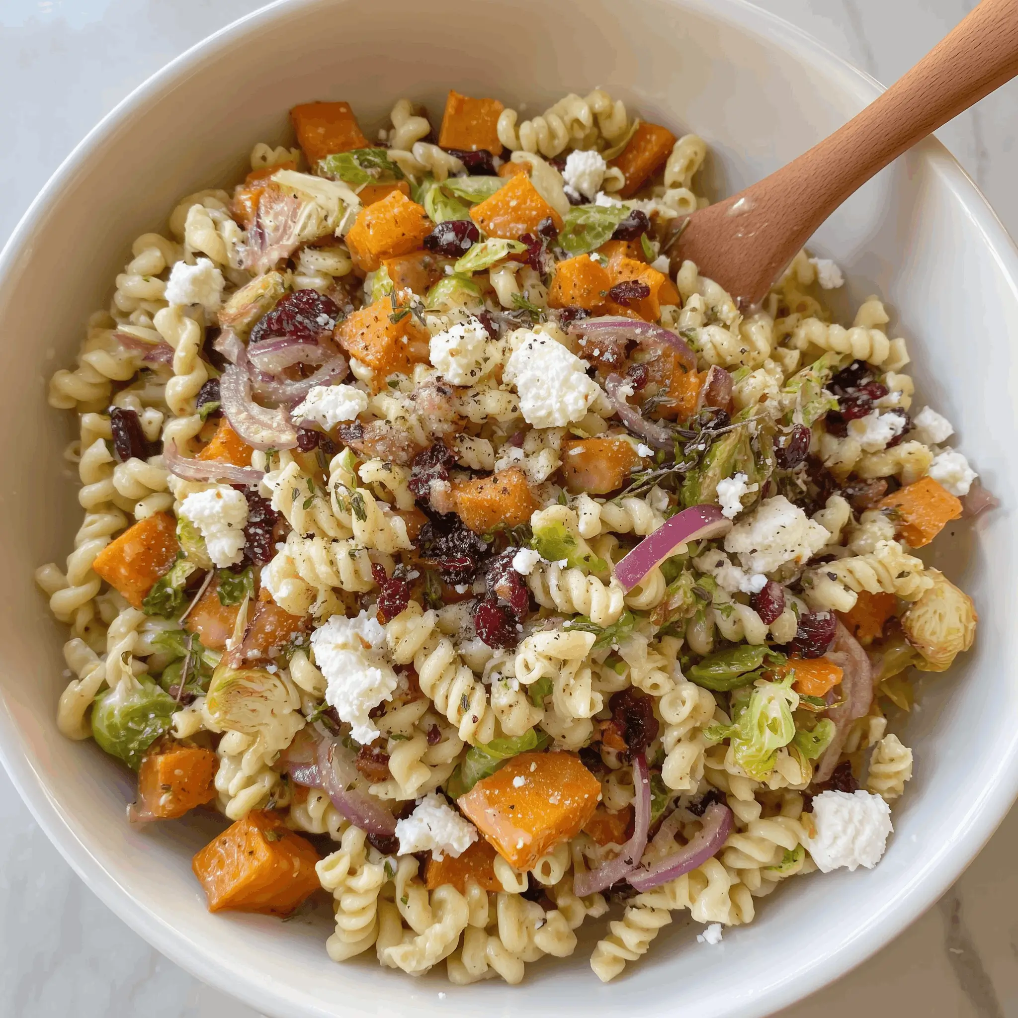 Fall pasta salad with rotini, roasted butternut squash, Brussels sprouts, cranberries, red onion, and crumbled feta cheese.