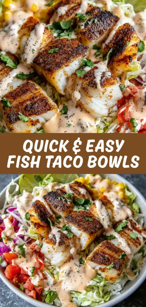 Fish taco bowls with blackened fish fillets, shredded cabbage, corn, pico de gallo, and creamy sauce over a bed of rice.