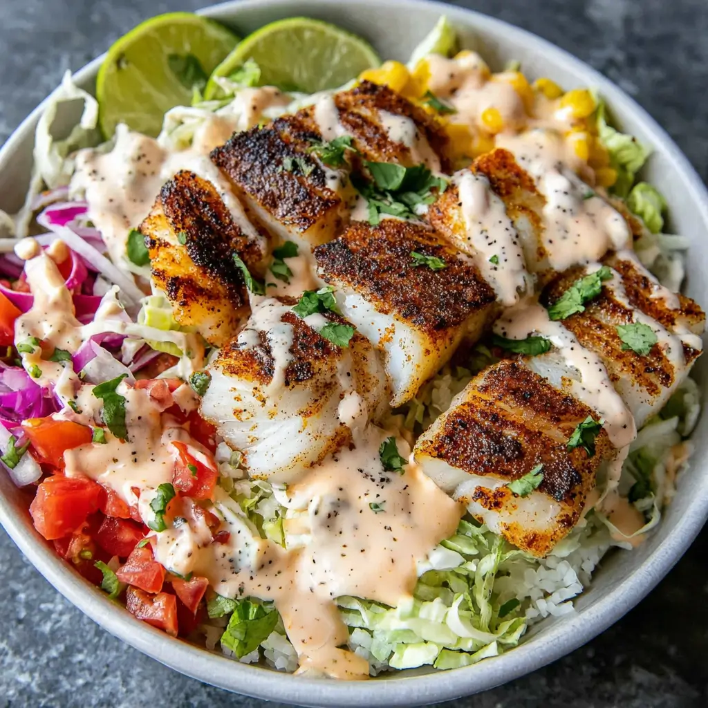 Fish taco bowls with crispy blackened fish, shredded cabbage, corn, pico de gallo, and creamy sauce over rice.