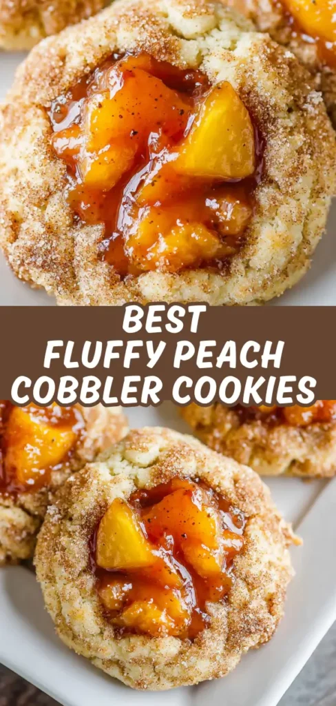 Fluffy peach cobbler cookies filled with juicy peach pieces and coated in cinnamon sugar.