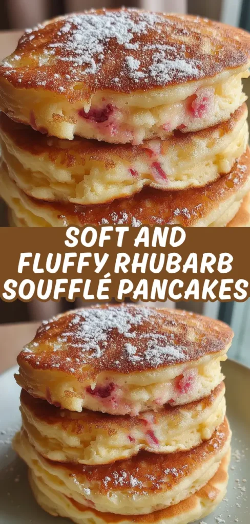 A close-up of three fluffy, golden-brown rhubarb souflé pancakes stacked on a plate, dusted with powdered sugar. The pancakes have visible pieces of pink rhubarb inside, giving them a moist and tender appearance.