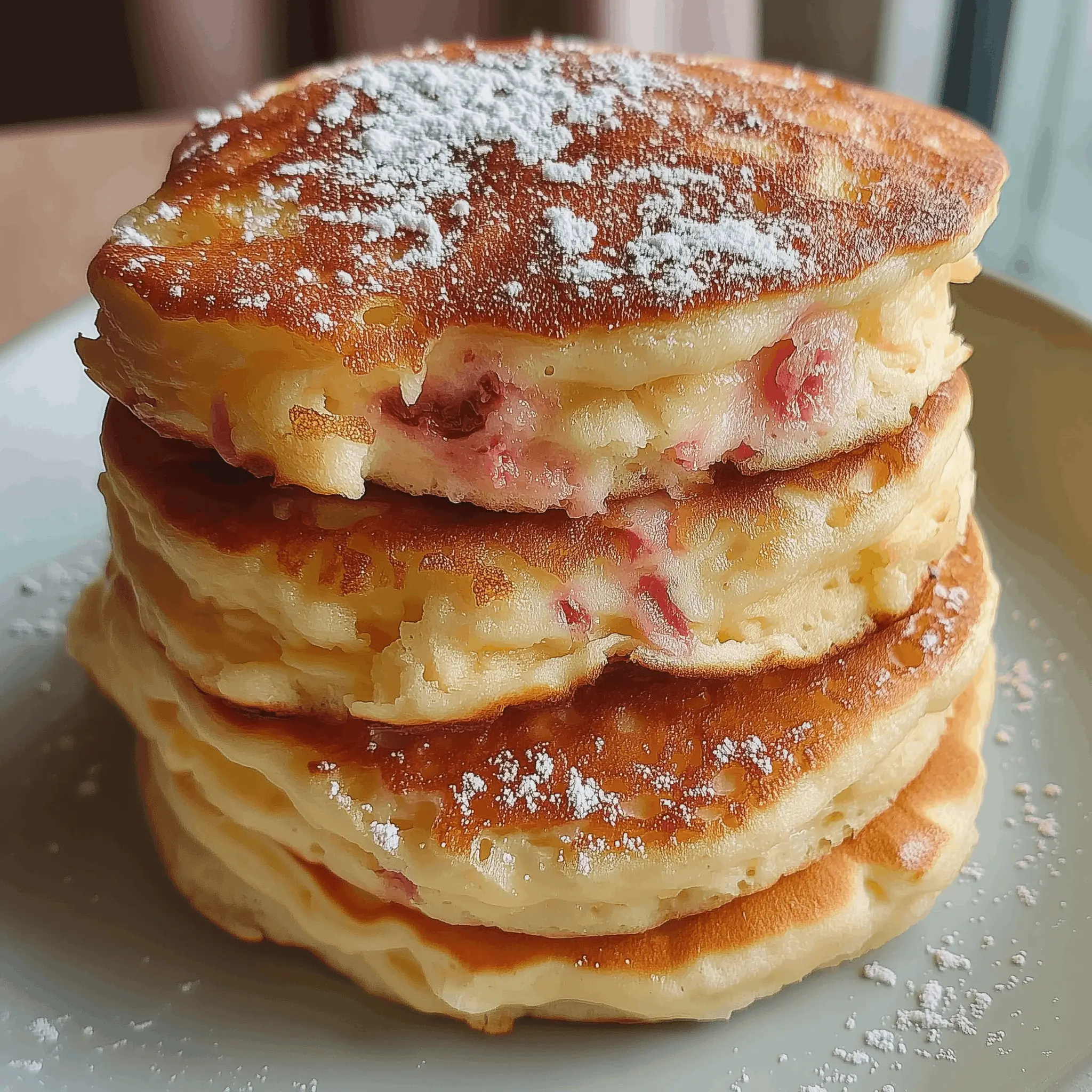 A stack of three fluffy pancakes topped with a dusting of powdered sugar, with visible bits of strawberries inside the pancakes. The pancakes are on a white plate, with a blurred background indicating a cozy indoor setting.