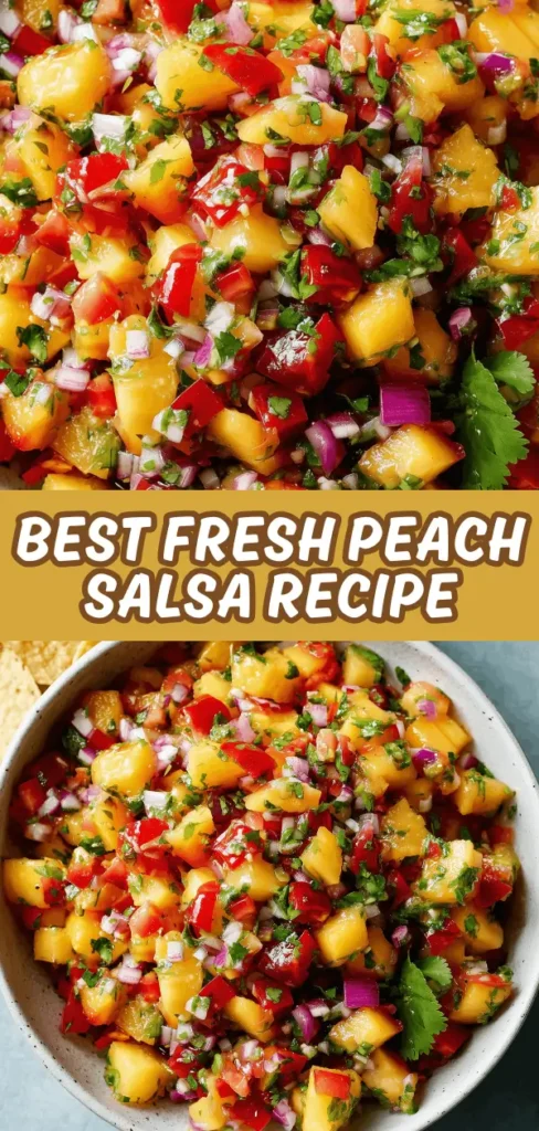 Close-up of vibrant fresh peach salsa packed with diced peaches, red peppers, onions, and herbs.