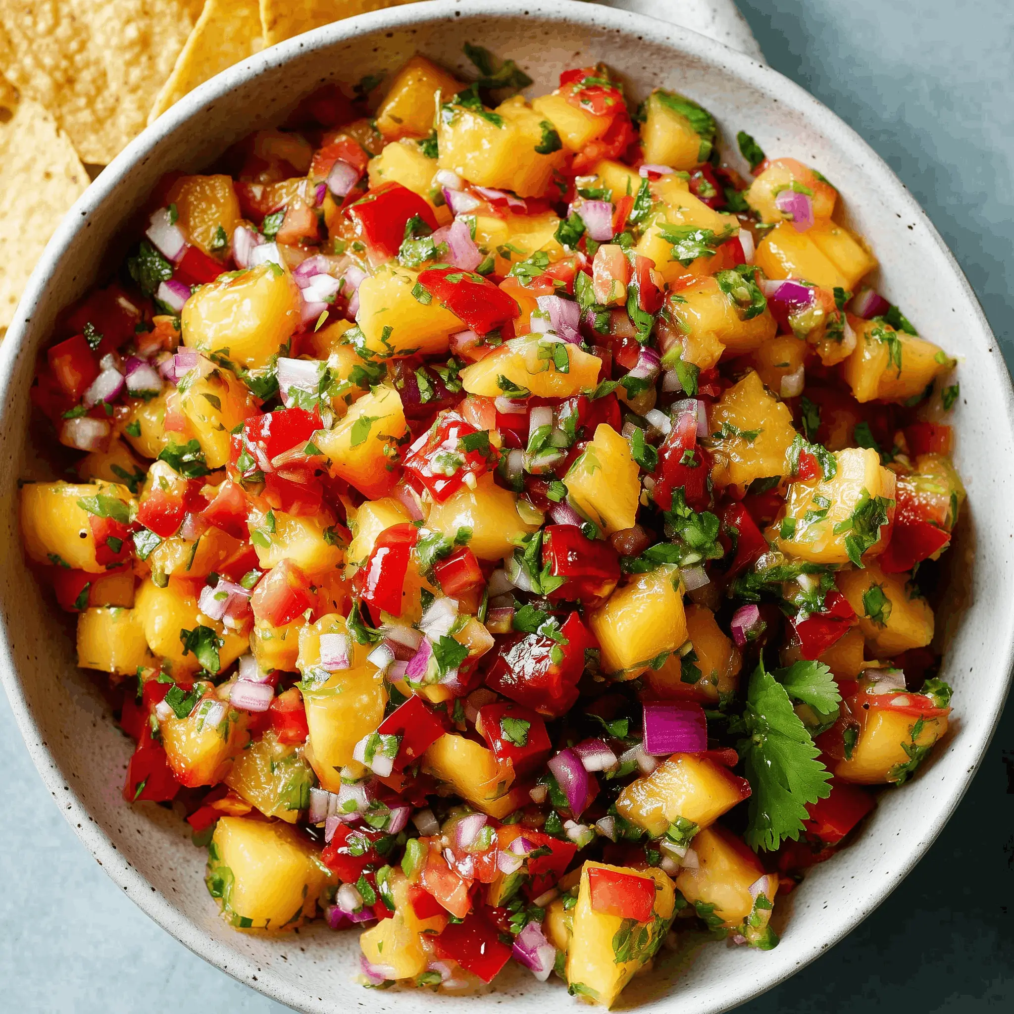 Fresh peach salsa bursting with diced peaches, tomatoes, red onion, and cilantro in a white speckled bowl.