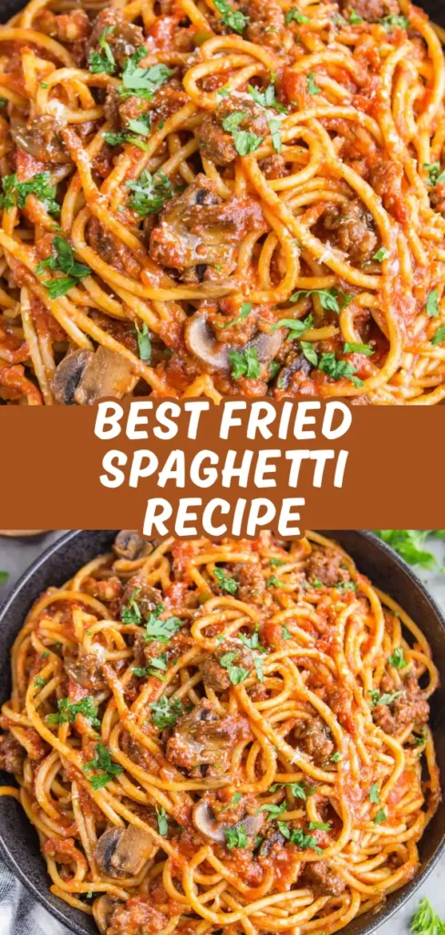 Fried spaghetti in a dark pan with spaghetti tossed in rich meat sauce sliced mushrooms and garnished with fresh parsley and grated cheese.