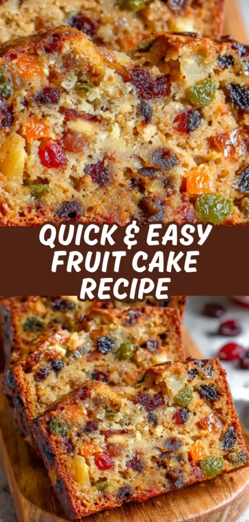 Moist fruitcake loaded with colorful dried fruits and nuts, sliced to show its dense, chewy interior.