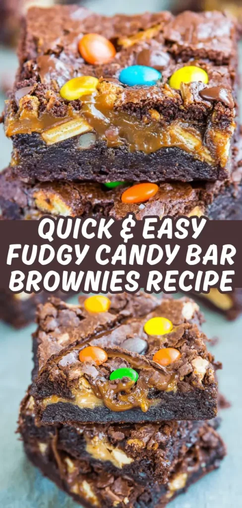 Two shots of stacked fudgy candy bar brownies with gooey caramel centers, colorful candy pieces, and crinkly tops.