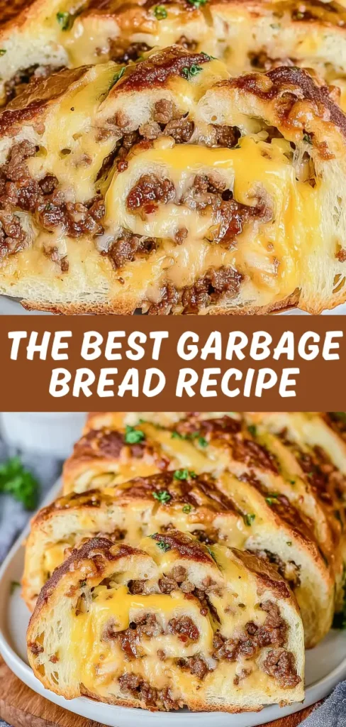 Garbage bread sliced open to reveal soft bread filled with seasoned ground beef, gooey melted cheese, and herbs.