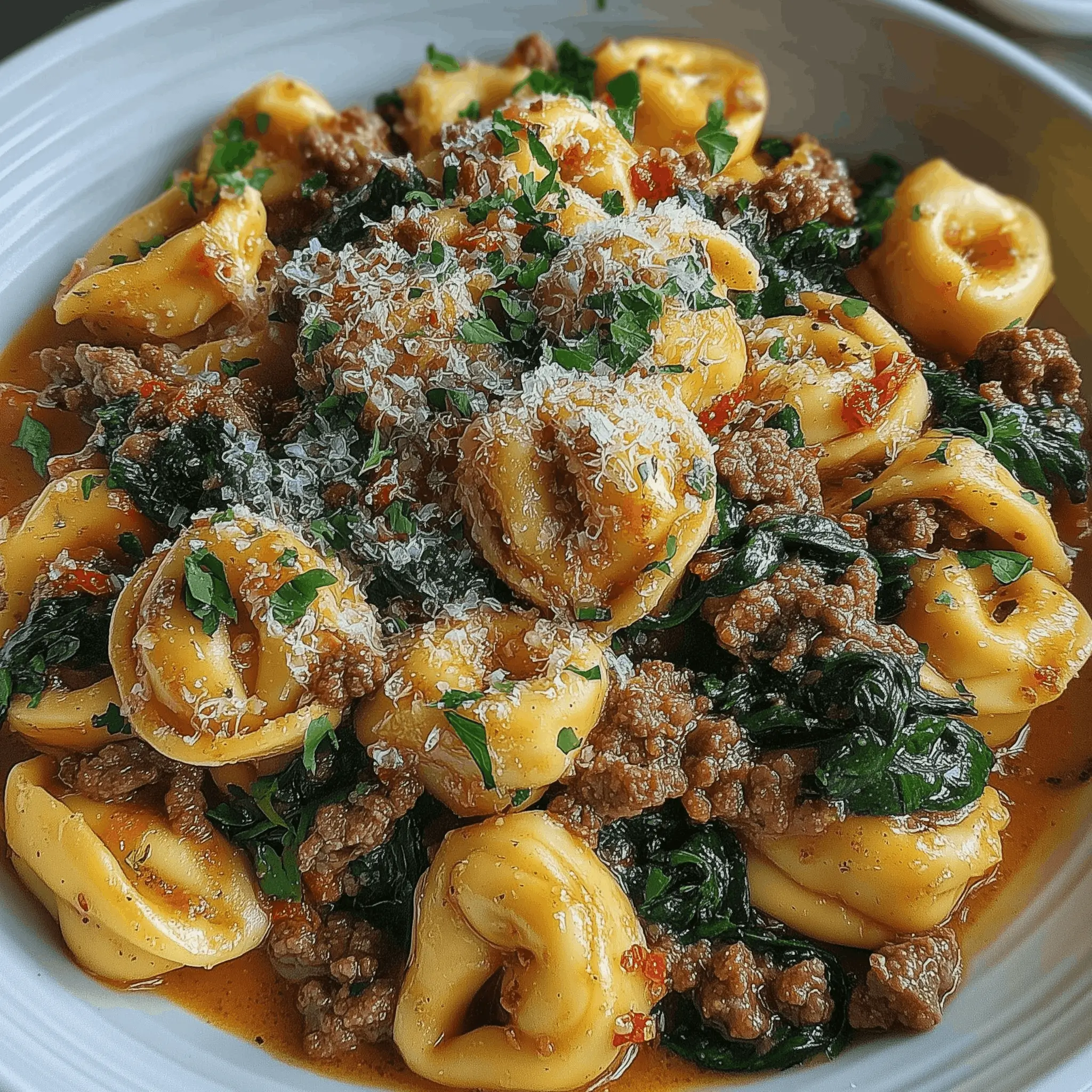 Garlic butter beef and spinach tortellini tossed in a rich sauce with ground beef, wilted spinach, and topped with shredded parmesan and fresh parsley.