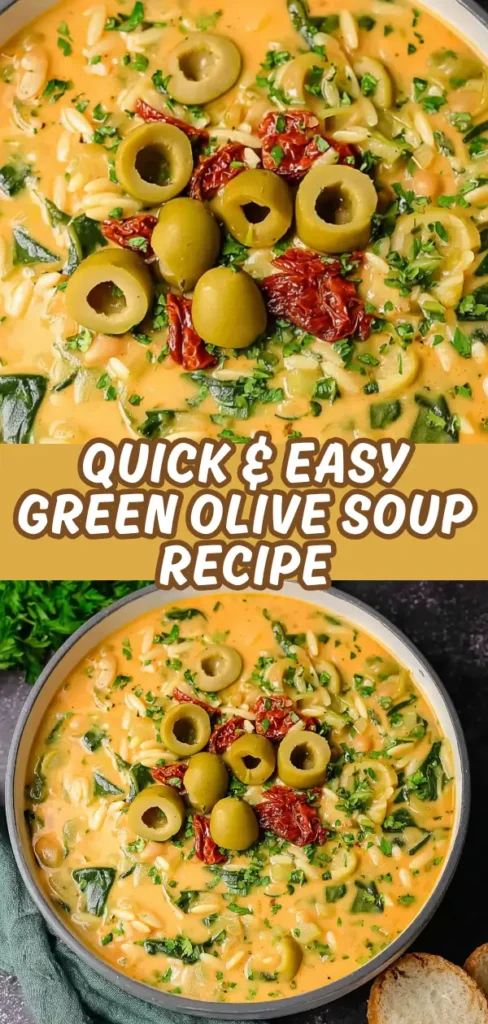 Creamy vegetable soup topped with green olives and sun-dried tomatoes.