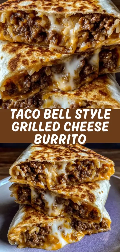 Taco Bell style grilled cheese burrito sliced and stacked to show the crispy toasted tortilla filled with seasoned beef fluffy rice and plenty of gooey melted cheese.