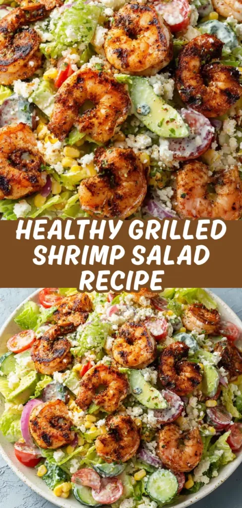 Healthy grilled shrimp salad with seasoned shrimp, crisp lettuce, avocado, cherry tomatoes, cucumber, corn, red onion, and crumbled feta cheese.