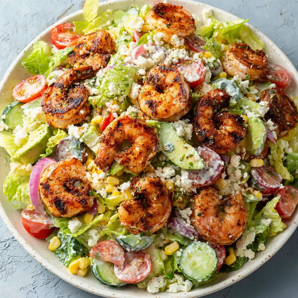 Grilled shrimp salad with juicy shrimp, crisp lettuce, avocado, cherry tomatoes, cucumber, corn, red onion, and crumbled feta.