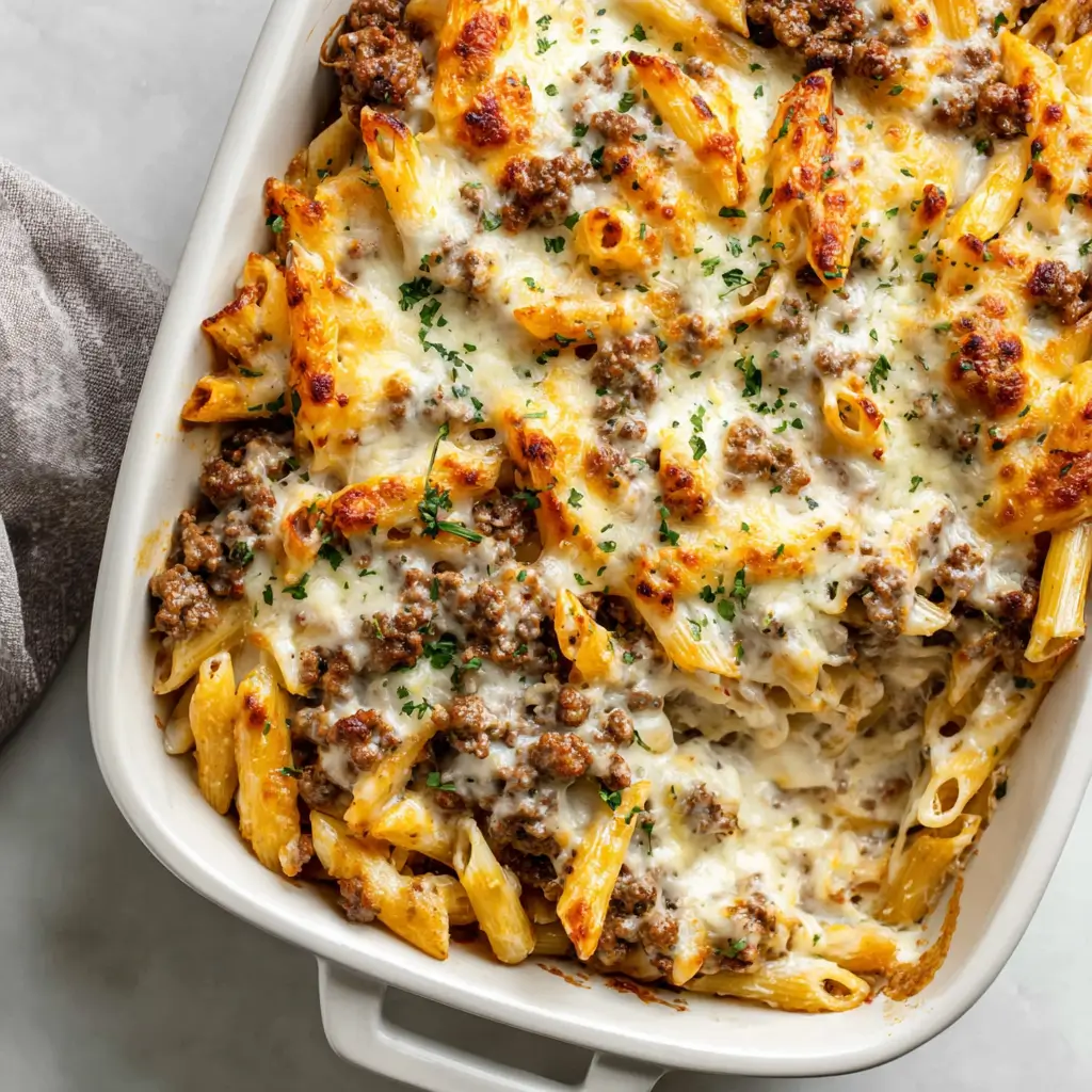 Ground beef Alfredo bake in a white casserole dish with penne pasta, seasoned beef, and bubbly golden melted cheese on top.