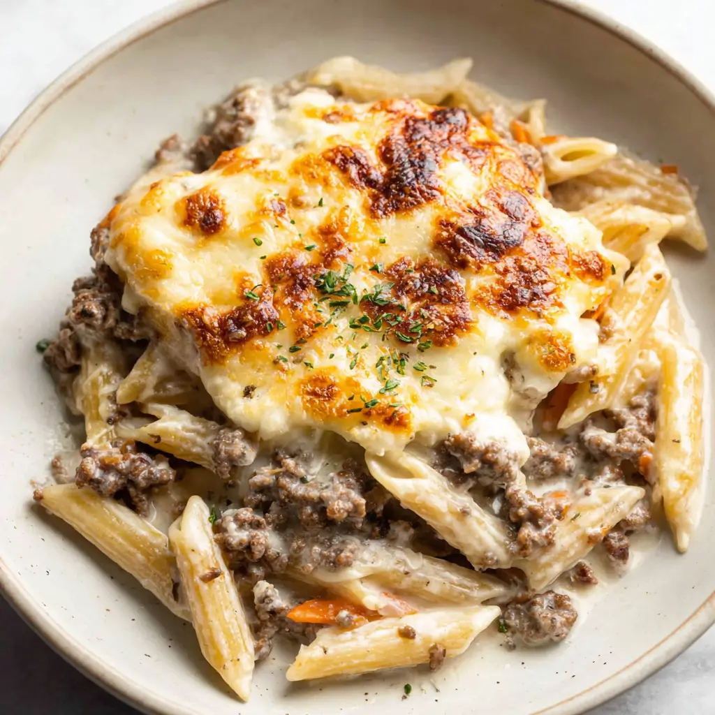 Ground beef Alfredo bake with penne pasta, seasoned beef, and a golden bubbly layer of melted cheese on top.