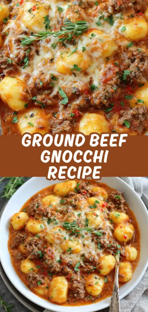 Ground beef gnocchi in a white bowl featuring soft gnocchi in a hearty tomato meat sauce covered with melted mozzarella cheese and garnished with fresh herbs.