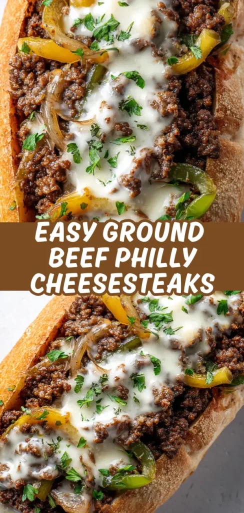 Ground beef Philly cheesesteak in a toasted roll filled with seasoned beef, peppers, onions, and melted provolone cheese.