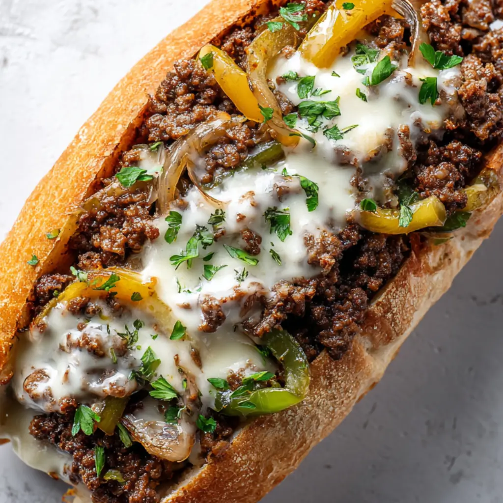 Ground beef Philly cheesesteak sandwich filled with seasoned beef, sautéed peppers and onions, and melted white cheese.