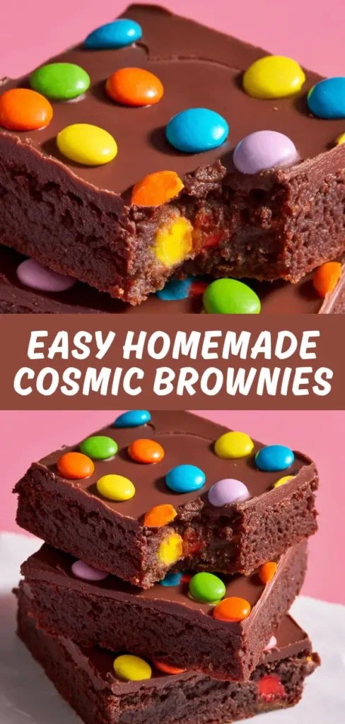 Homemade cosmic brownies stacked with fudgy chocolate layers, shiny ganache topping, and bright colorful candy pieces.