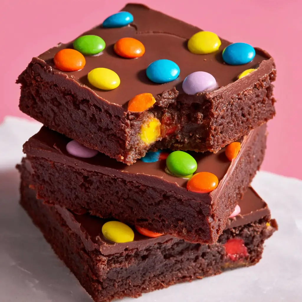 Stacked homemade cosmic brownies with fudgy centers, chocolate ganache topping, and colorful candy-coated chocolates.