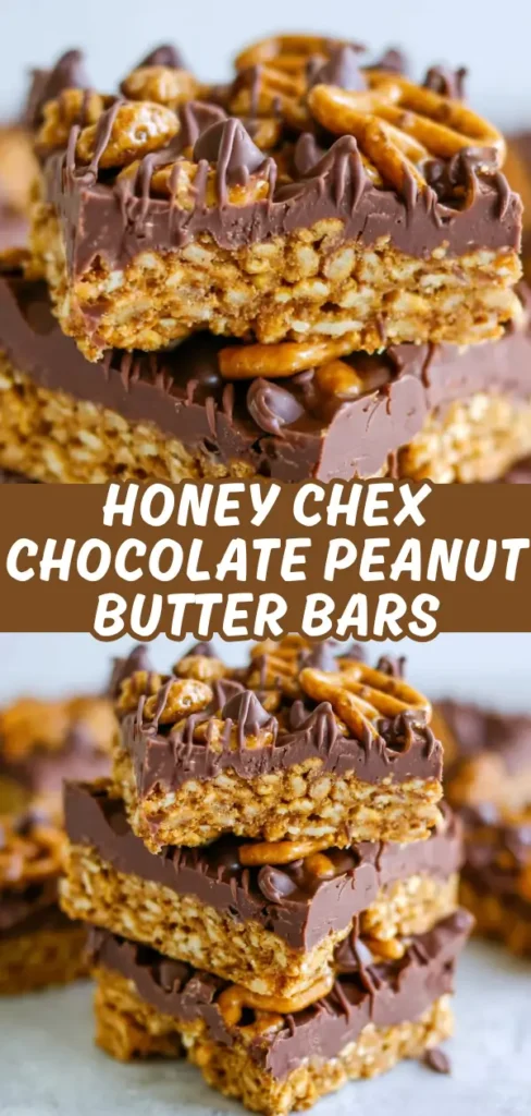 Close-up of stacked Honey Chex Chocolate Peanut Butter Bars, showing a layered treat with a crunchy cereal base, creamy peanut butter filling, and a smooth chocolate coating topped with pretzels and chocolate chips.