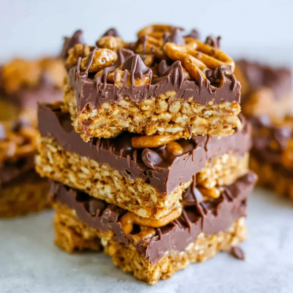 Close-up of three stacked chocolate-topped rice cereal peanut butter bars garnished with chopped pretzels and chocolate chips, showcasing their crunchy texture and rich toppings.