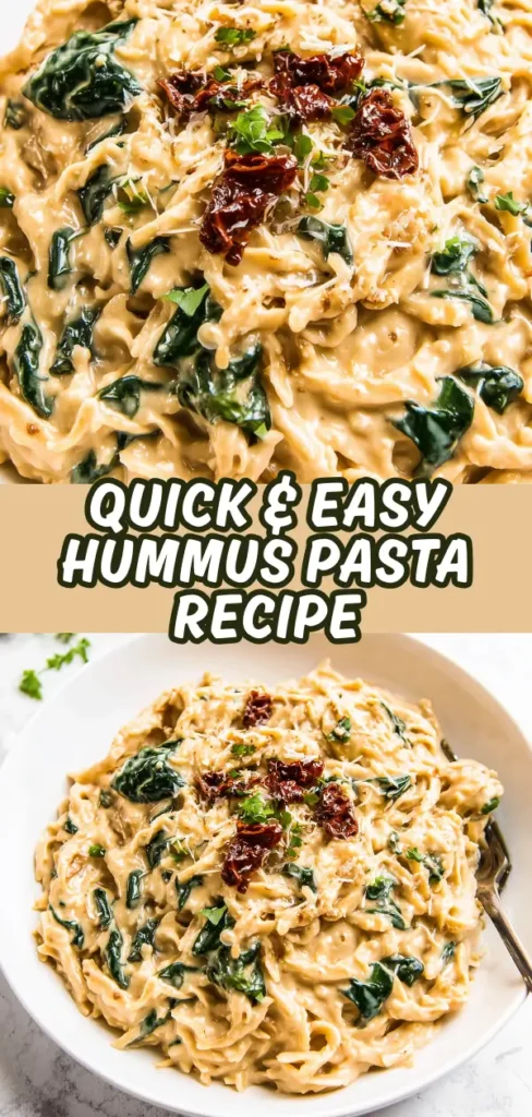 Hummus pasta with fettuccine in a creamy sauce, wilted spinach, sun-dried tomatoes, grated cheese, and fresh herbs.