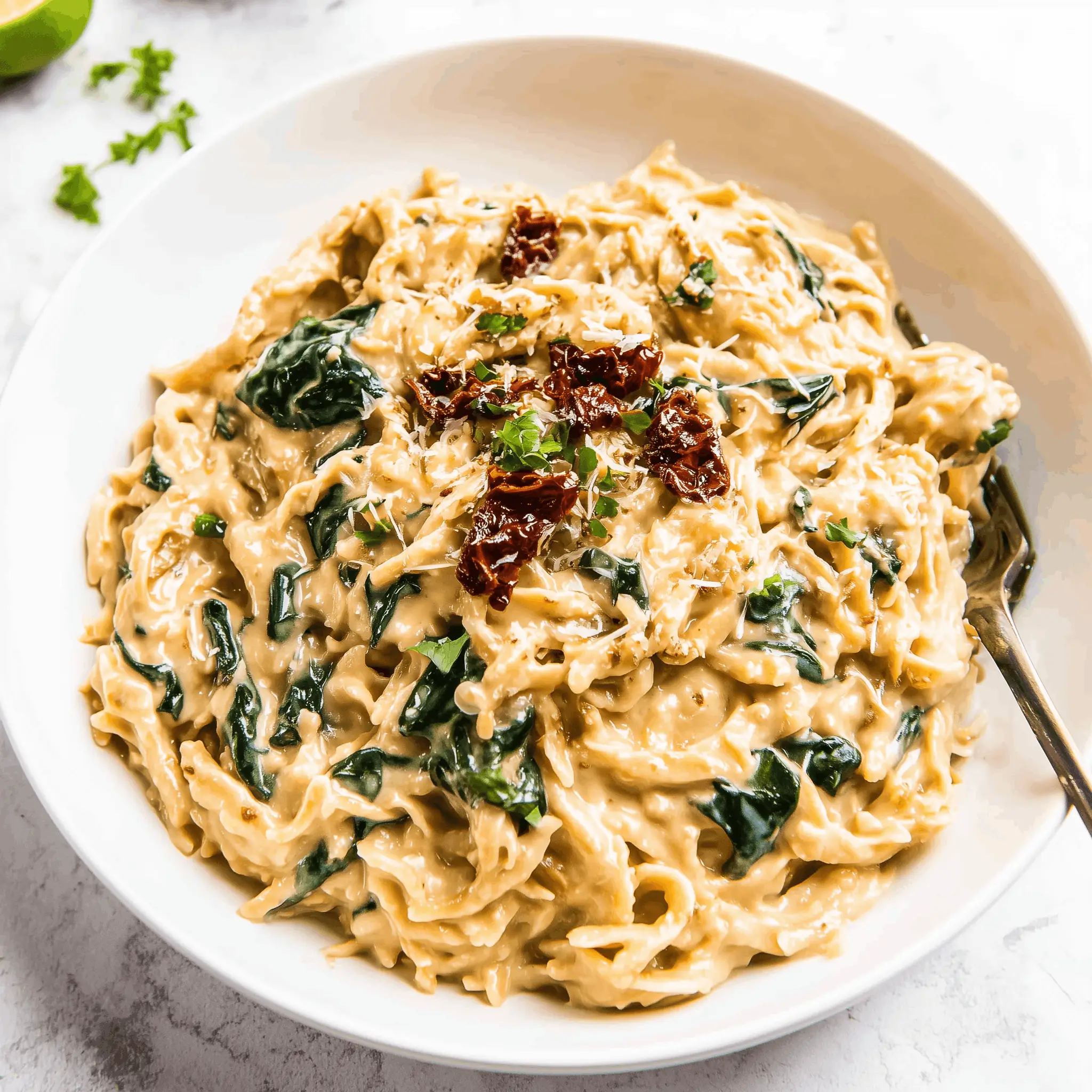 Hummus pasta with fettuccine tossed in creamy hummus sauce, wilted spinach, sun-dried tomatoes, and fresh parsley.
