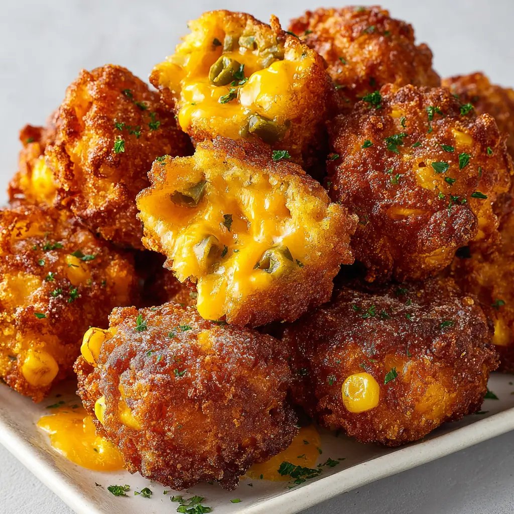 Crispy fried corn fritters with melted cheese and jalapenos inside.