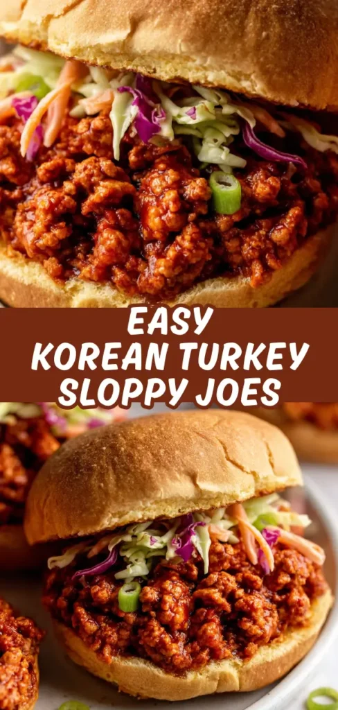 Korean turkey sloppy joes on soft buns piled high with savory turkey filling and crunchy coleslaw.
