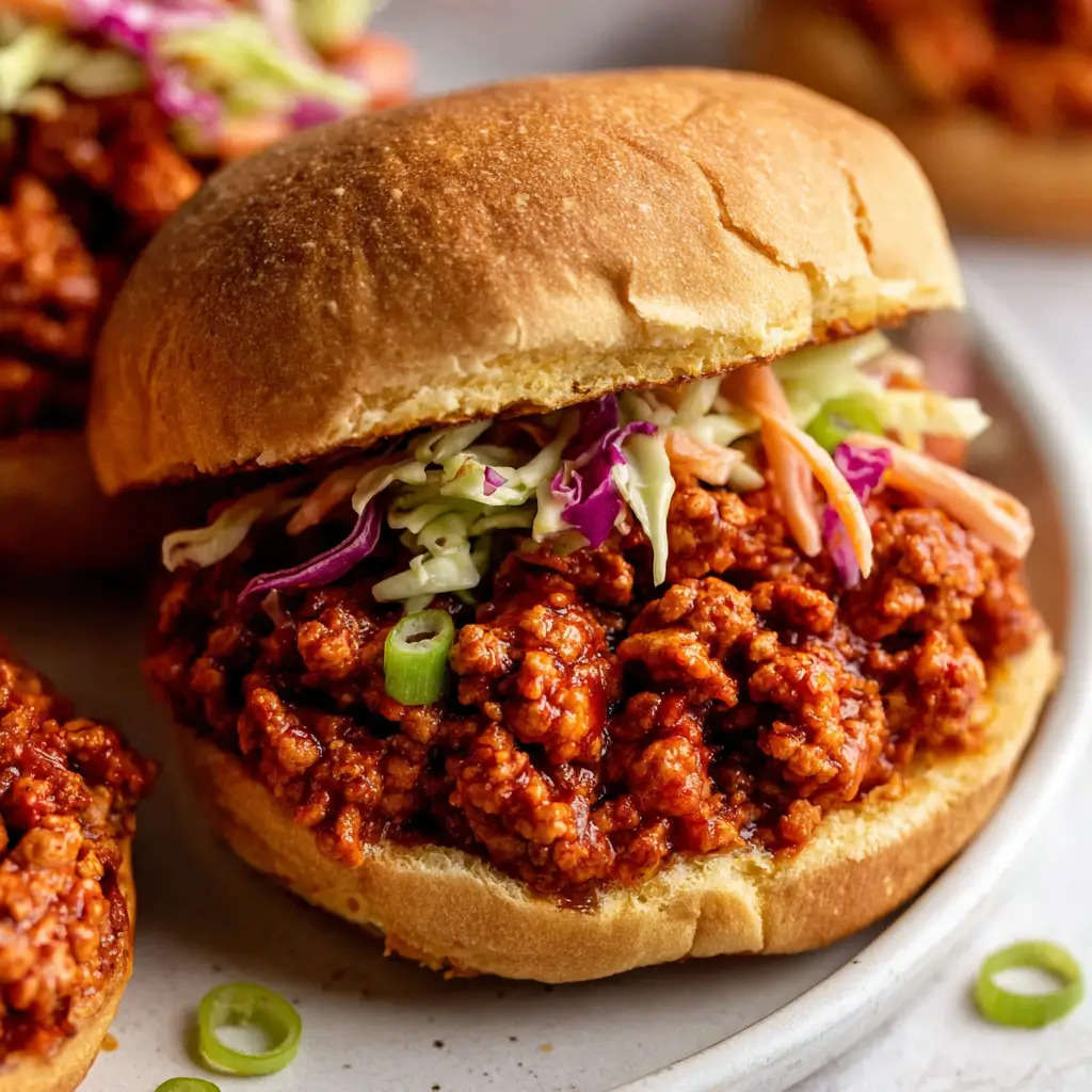 Korean turkey sloppy joes on a soft bun topped with crunchy coleslaw and sliced green onions.