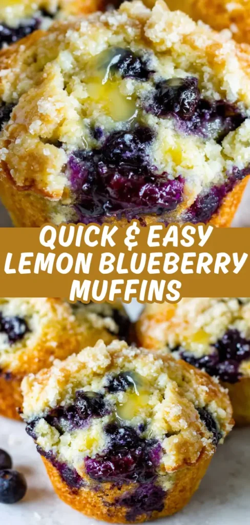 Close up of soft lemon blueberry muffins with crumbly topping torn open to show juicy dark blueberries and a pool of bright lemon curd filling inside.