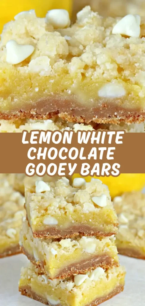 Lemon white chocolate gooey bars with crumbly topping and white chocolate chips.