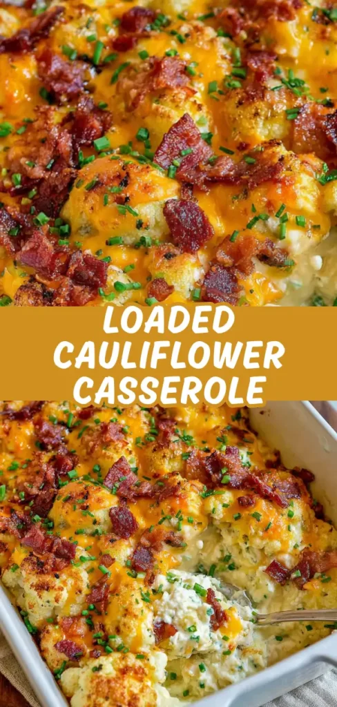 Loaded cauliflower casserole in a white baking dish with roasted cauliflower, melted cheddar cheese, crispy bacon pieces, and chopped green onions.