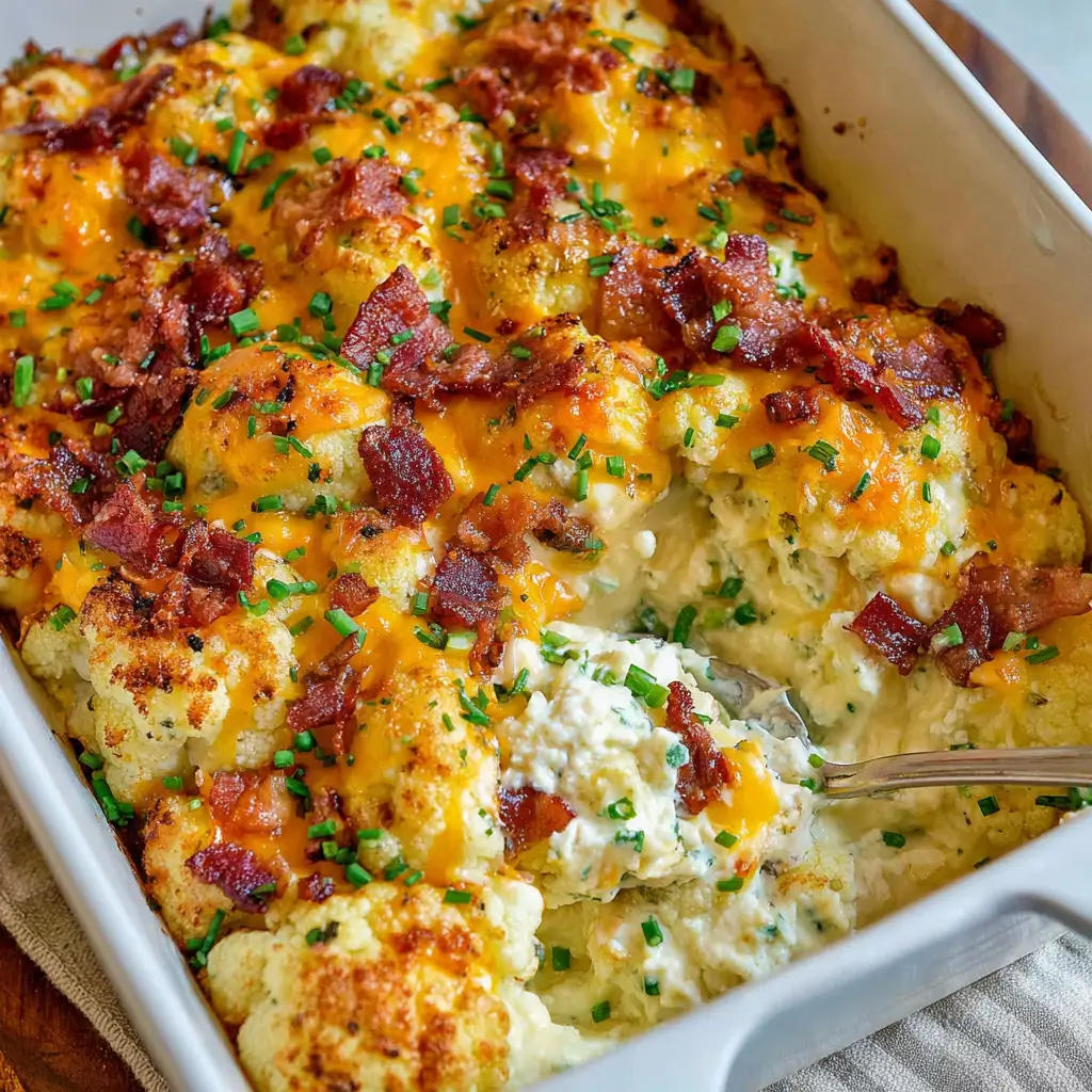 Loaded cauliflower casserole in a baking dish with roasted cauliflower florets, melted cheddar cheese, crispy bacon bits, and chopped green onions.