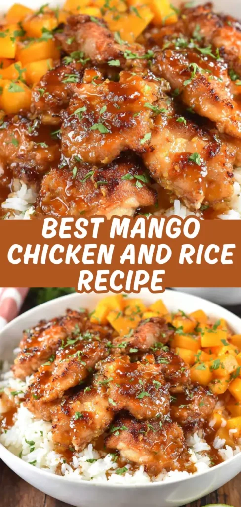 Mango chicken and rice dish presented in two views with glossy glazed chicken pieces juicy mango chunks fresh herbs over fluffy white rice in a white bowl.