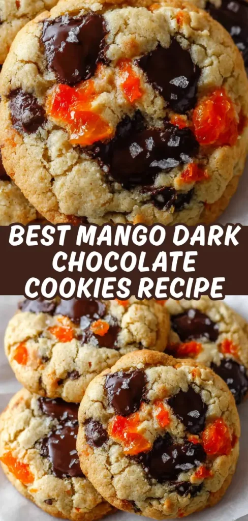 Mango dark chocolate cookies with pools of melted dark chocolate, candied mango pieces, and flaky sea salt on golden brown dough.