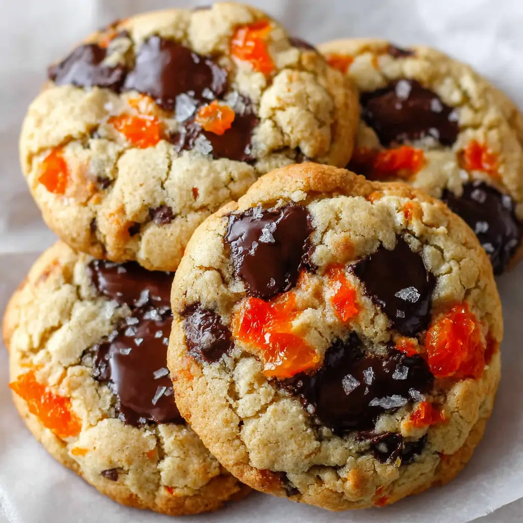 Mango dark chocolate cookies with chunks of dark chocolate, candied mango pieces, and flaky sea salt on top.